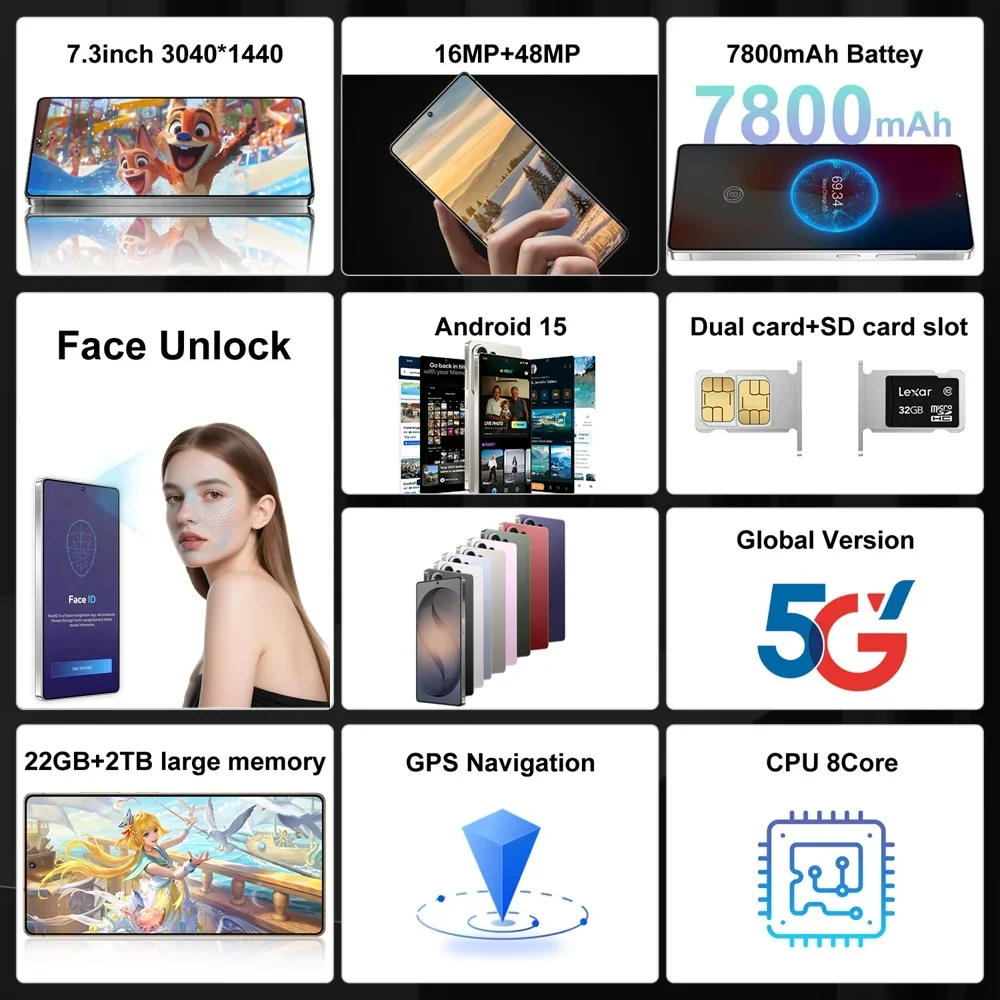K-Touch New C27 Ultra Smartphone Android 15 5G 7.3 HD Mobile Phones 22GB 2TB 7800mAh Octa Core Cell Phone Unlock Dual SIM 16+48MP Camera handy telefone