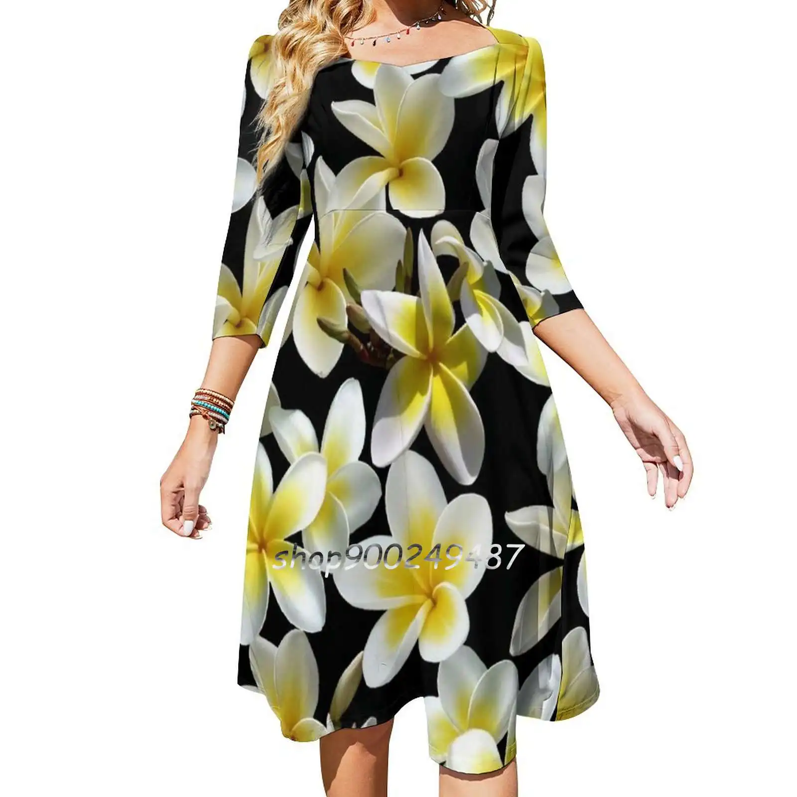 Plumeria Pattern Yellow On Black Sweet Elegant Dress Women Korean Kawaii Square Collar Dress Tropical Flowers Aloha Plumeria