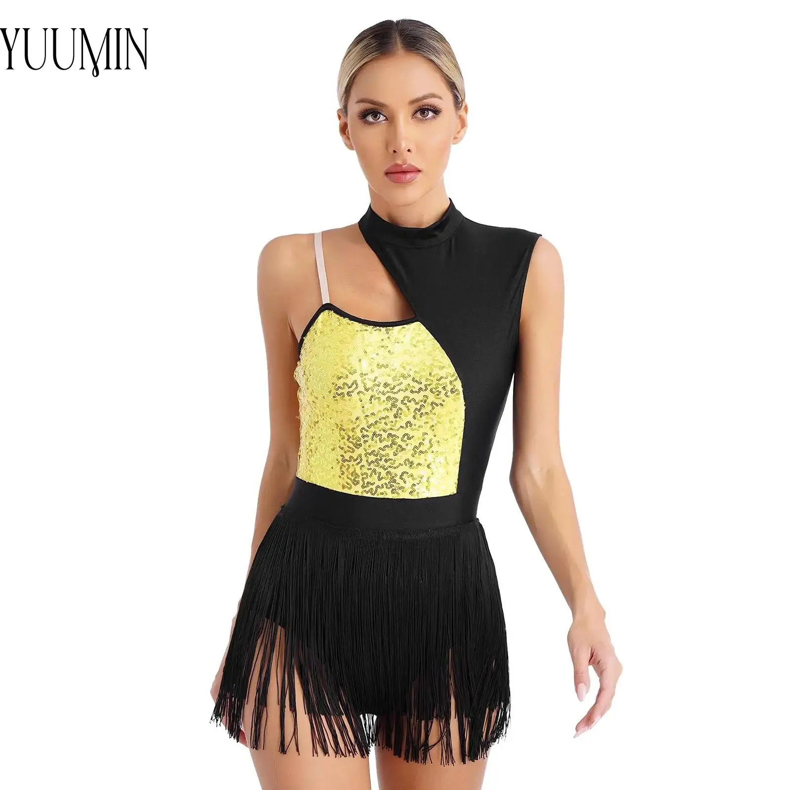 Womens Sparkly Crystals Fringes Bodysuit One Shoulder Sleeveless Jazz Lyrical Dance Ballerina Costumes for Stage Performance