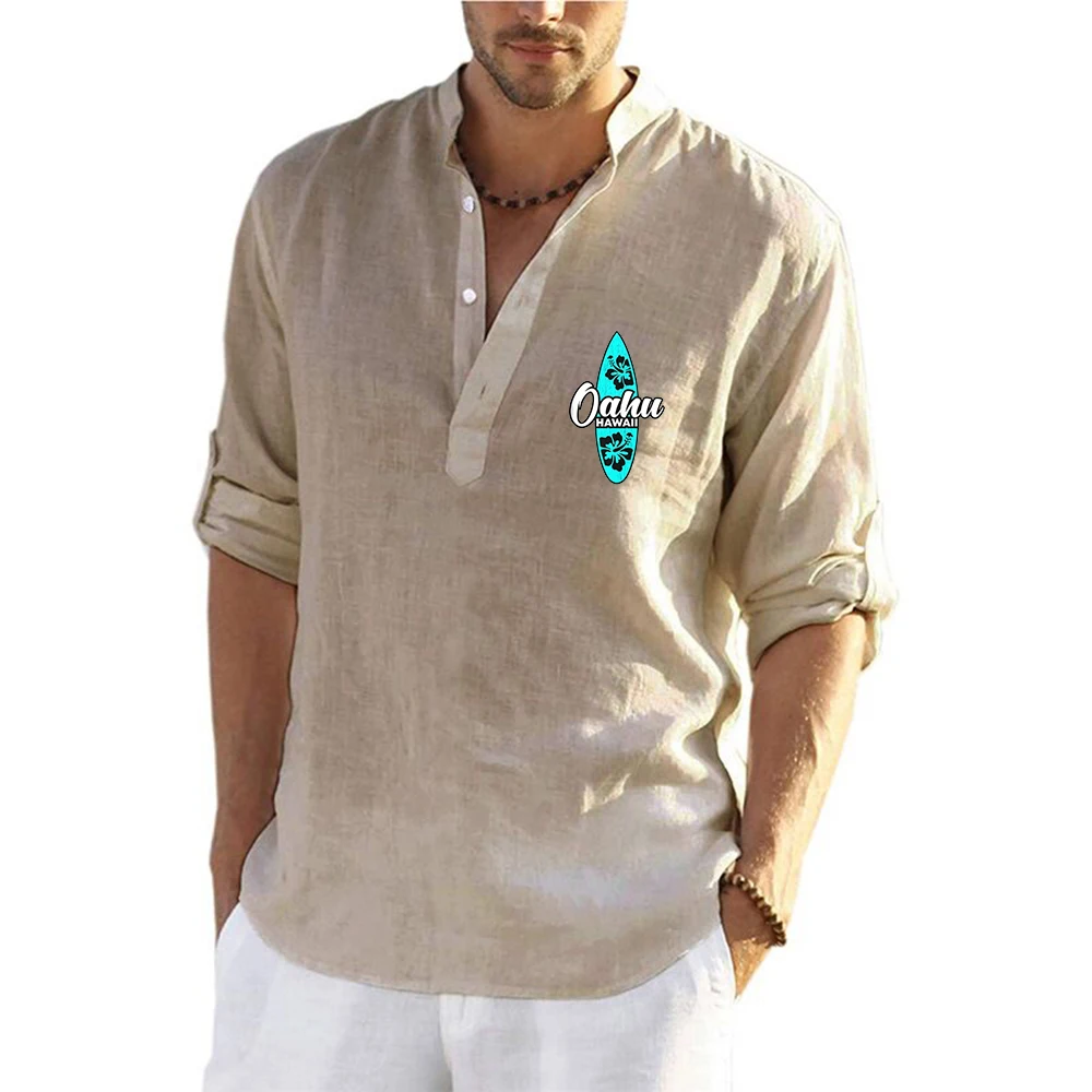 OAHU HAWAII SURFING Logo New Cotton Linen Shirts for Men Casual Shirts Lightweight Long Sleeve Beach Shirts T Shirts for Men