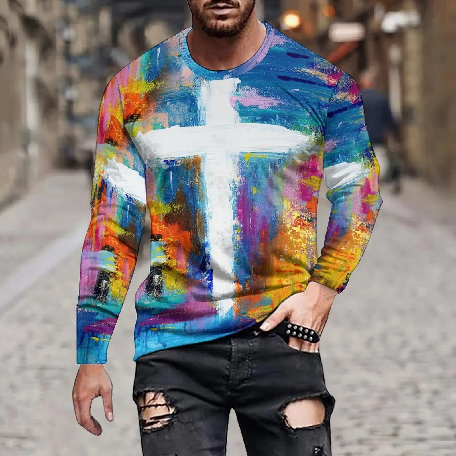 Men's/Women's Autumn Simple Loose Casual Round Neck Dopamine Oil Painting Style Gradual Tie-Dye Printed Long Sleeve T-Shirt