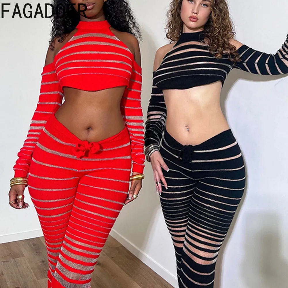 

FAGADOER Fashion Trend Streetwear Women Splicing Perspective Stripes Off Shoulder Long Sleeve Crop Top And Pants Two Piece Sets