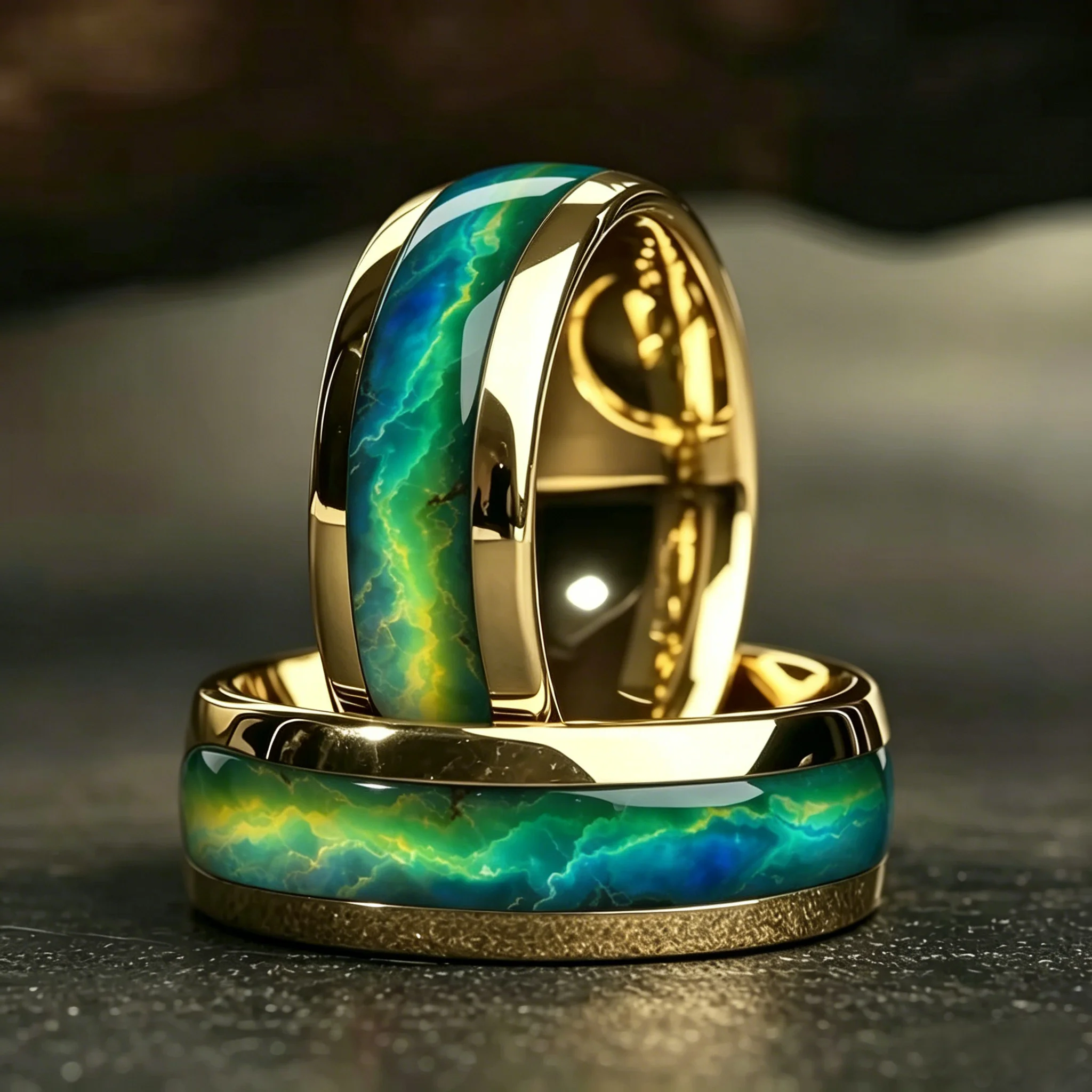 Luxury Gold Color With Green Blue Aurora Borealis Pattern Inlay Stainless Steel Men's Ring Wedding Band Jewelry Wholesale