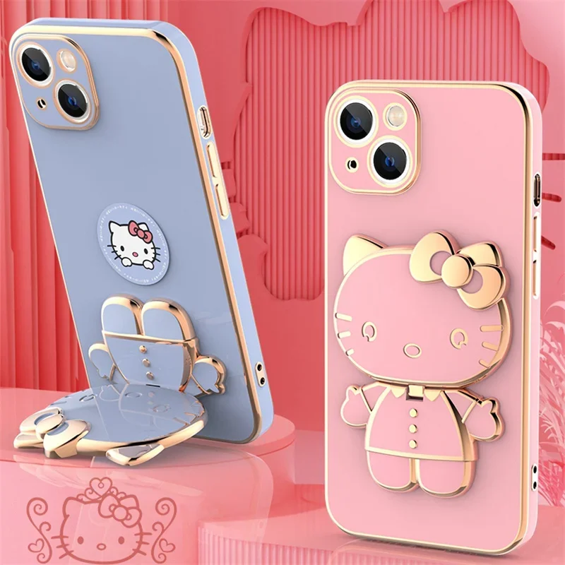 Hello Kitty Electroplated Plating Frame Phone Case For iPhone 11 12 13 14 Pro Max Mini XR XS X 8 7 6 6S Plus SE 2020 Back Cover