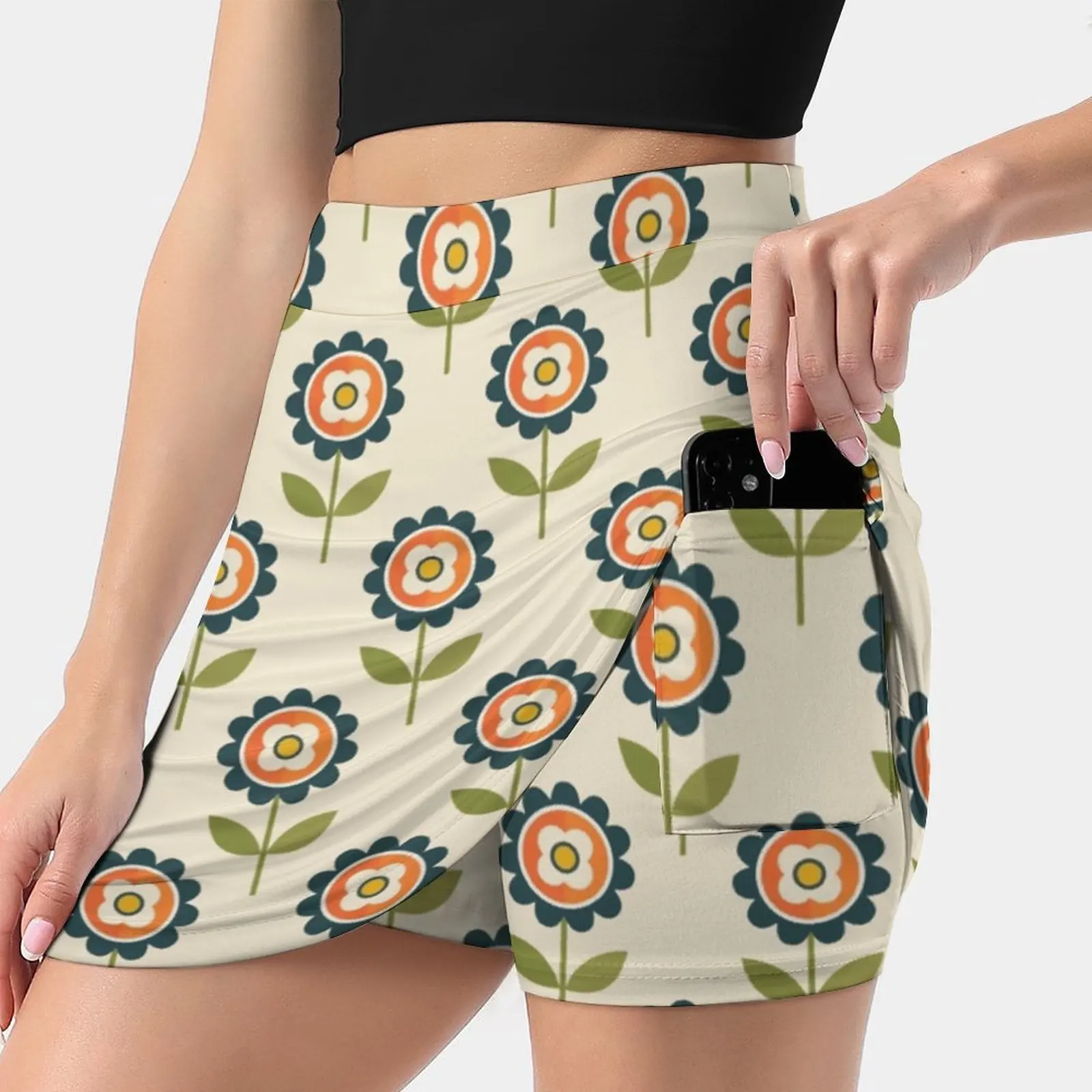 Retro Daisy-Orange And Cream Women's skirt Mini Skirts A Line Skirt With Hide Pocket Flower Flowers Daisy Daisies Floral Spring