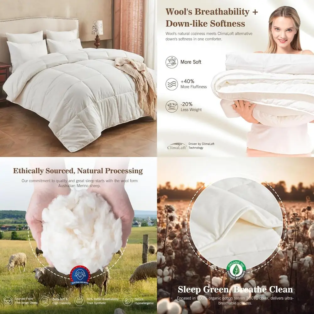 

Гибридное шерстяное одеяло King Size Climaloft с чехлом из органического хлопка, гипоаллергенная роскошная альтернативная пододеяльная вставка