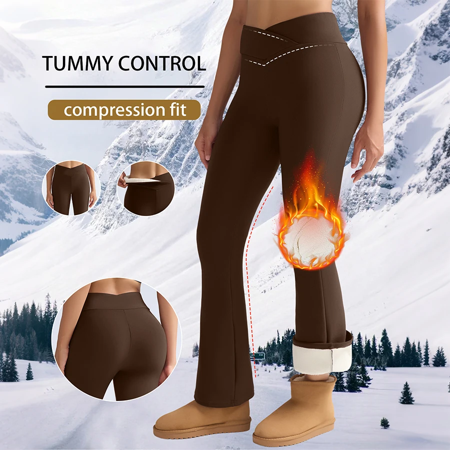 Thick Flared Pants Women Winter Warm Fleece Lining Leggings High-Waisted Tummy Control & Lifting Thermal Legging Casual Wear