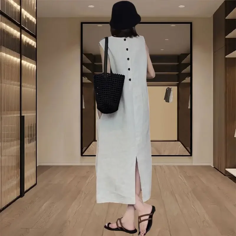 

Flax Vest Dress Holiday Wind Round Neck Sleeveless Loose Dress 2025 Spring and Summer Beach Women's Dress