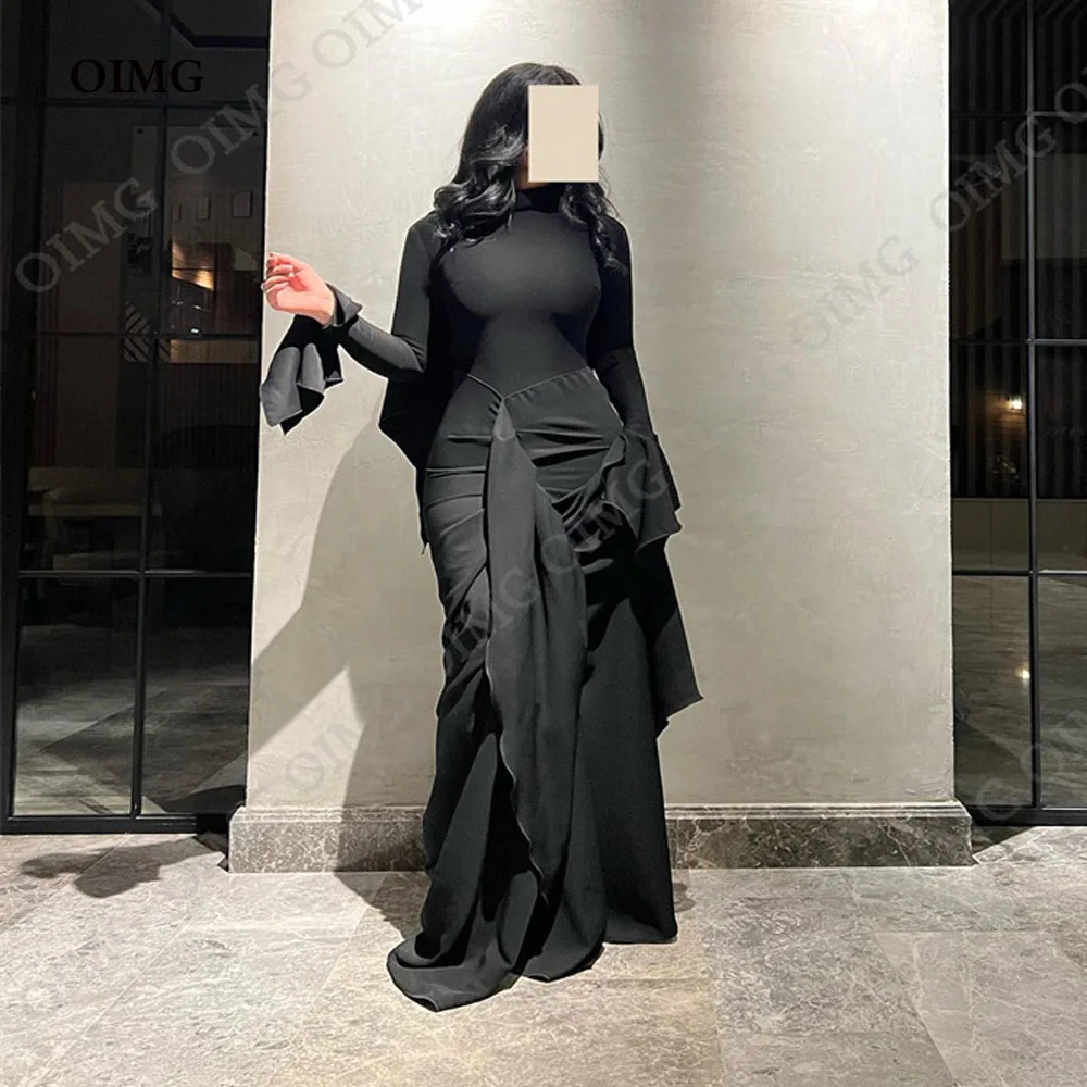 

OIMG Black Sheath Saudi Arabia Women Prom Dresses Long Sleeves Formal Prom Gowns Ruched Pleats Evening Dress Club Outfit