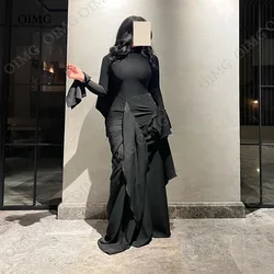 OIMG Black Sheath Saudi Arabia Women Prom Dresses Long Sleeves Formal Prom Gowns Ruched Pleats Evening Dress Club Outfit