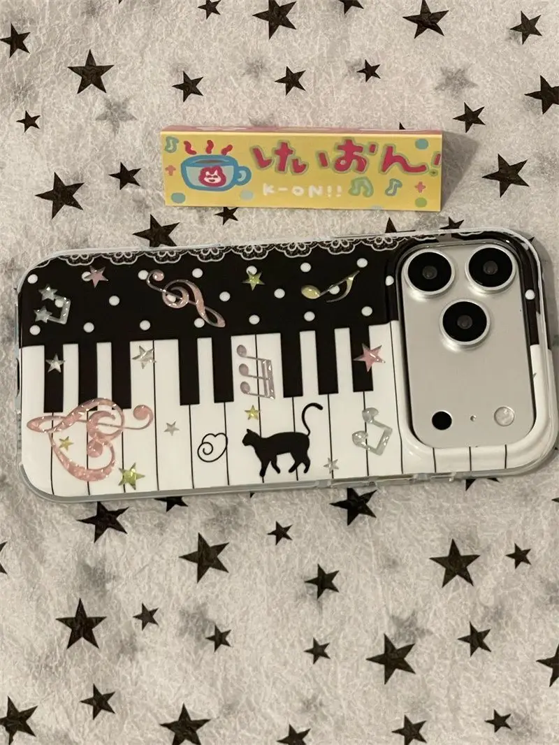 Black and White Piano Music Notes Cat Kawaii Cute Phone Case For iPhone 18 17 16 15 14 13 12 11 Pro XR XS X Max 8 7 MINI Cover view 4