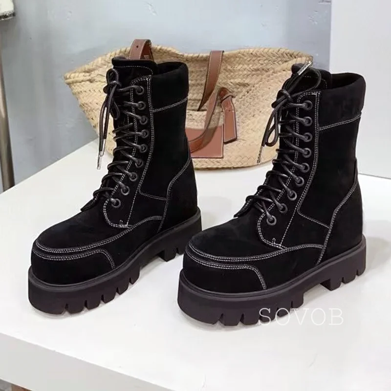 Autumn Winter Thick Soled Height Increasing Short Boots Women Round Toe Suede Lace Up Ankle Botas Versatile Motorcycle Boots