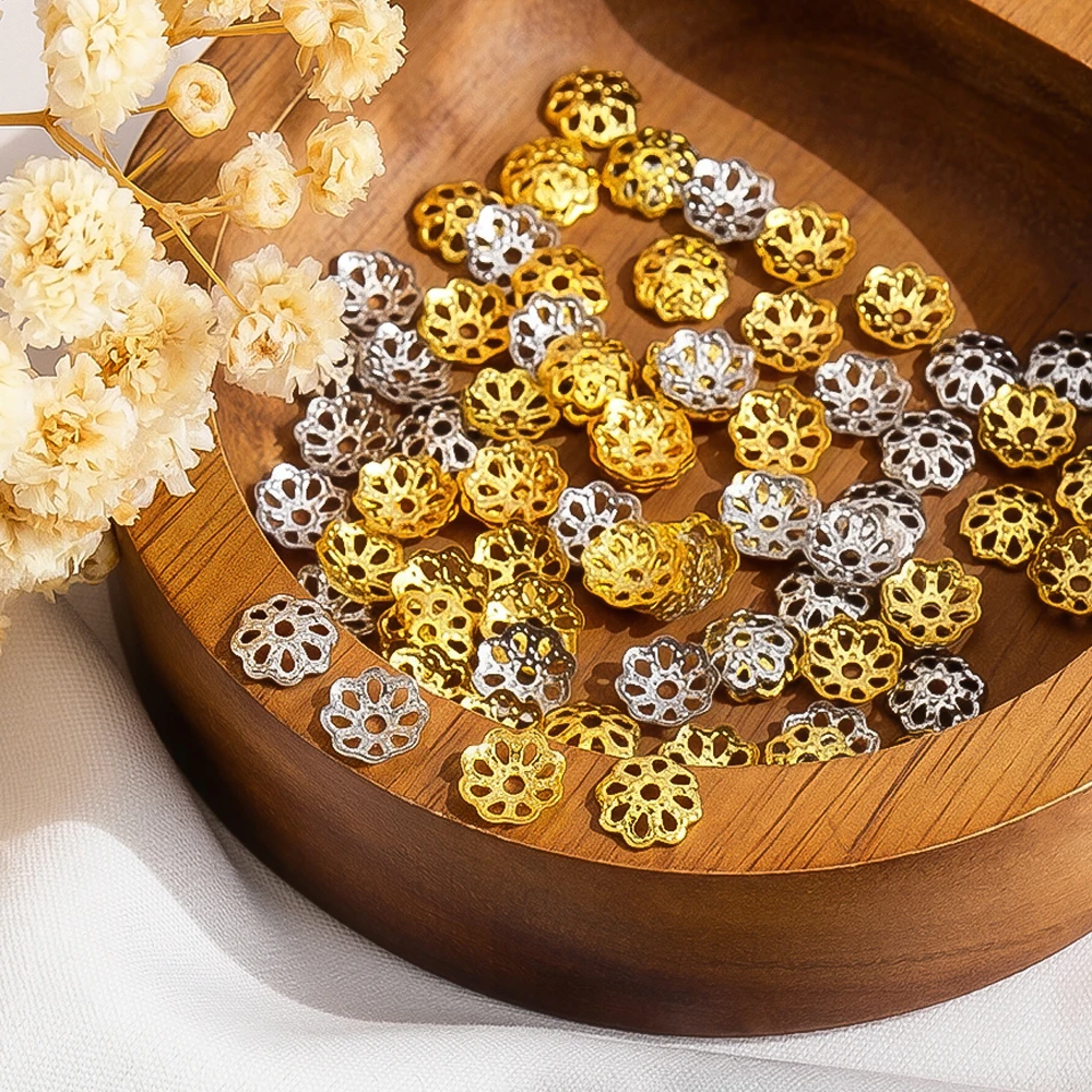 50pcs 18K Gold Plated Copper 6mm Hollow Petals Flower Separator Spacer Beads Caps DIY Jewelry Making Bracelet Necklace Materials