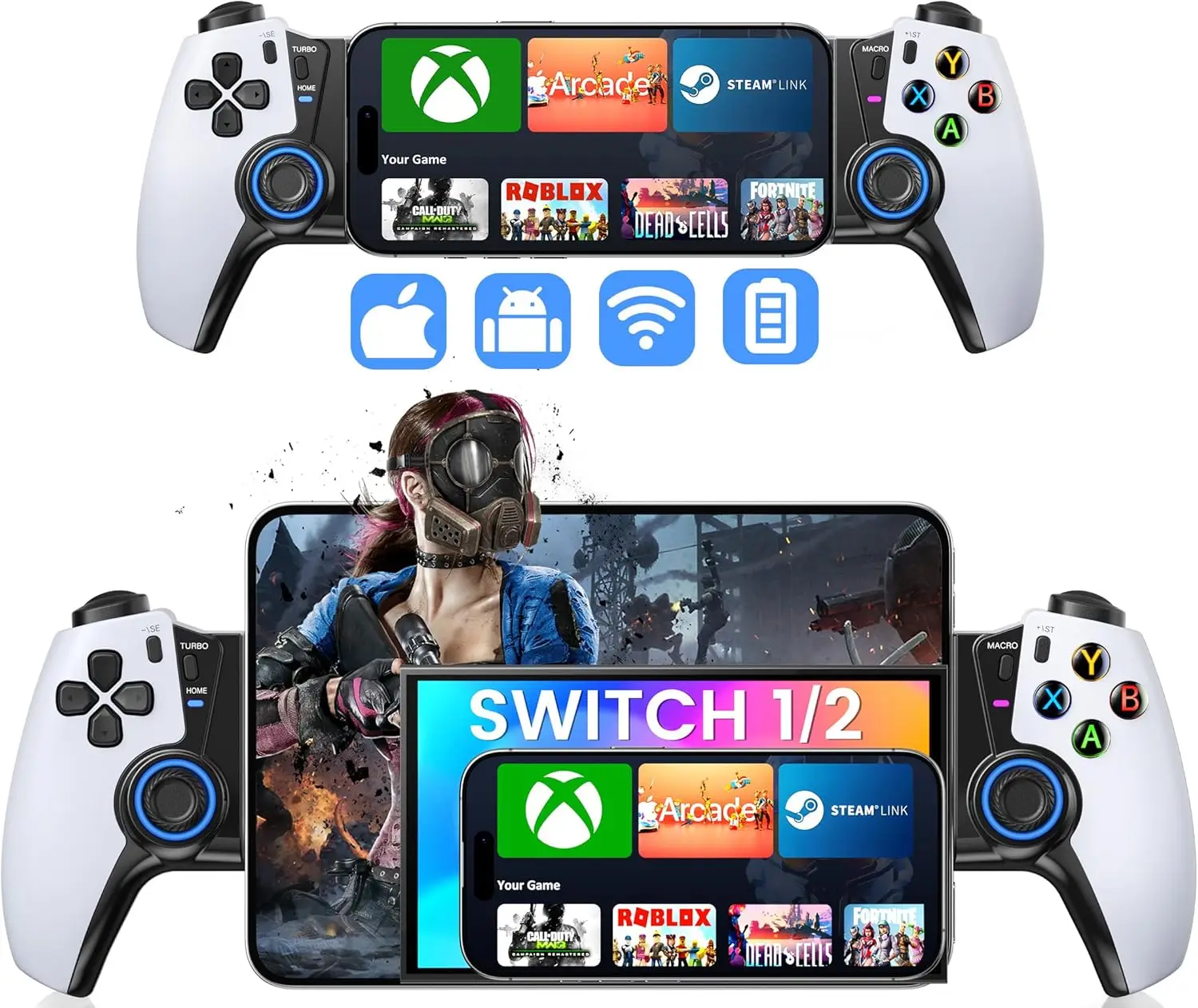 

Беспроводной игровой контроллер для iPhone/Android/Switch 1/2/OLED/iPad Mini с джойстиком Hall, LED-подсветкой