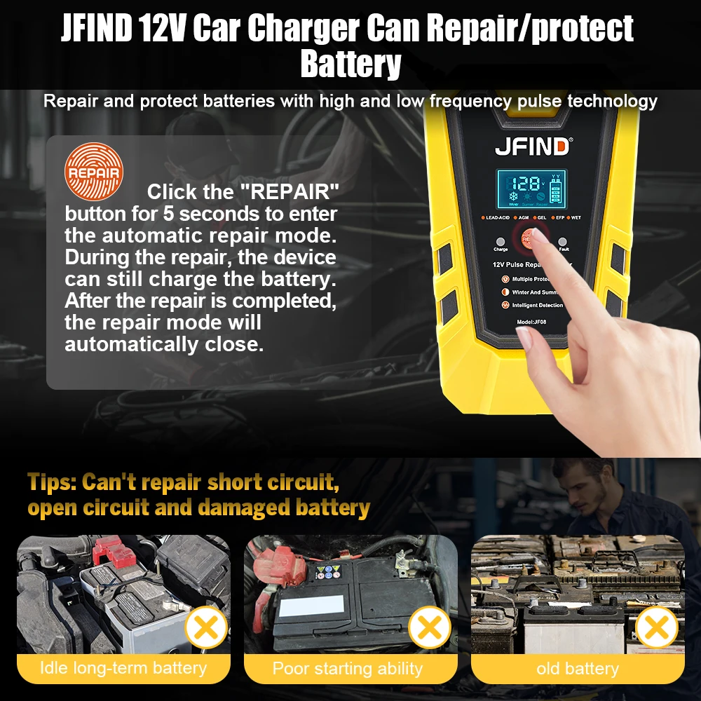 Jfind 12V Pulse Repair 6A Lead-acid lithium Car Battery Charger LCD Display battery tester Fast Charge For Car/Motorcycle