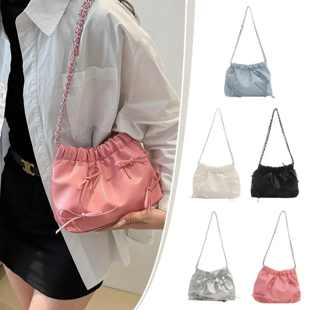 1PC Cute Small Bow Tie Design Crossbody Bags For Women 2024 New Silver Handbags PU Leather Shoulder Bag Bucket Purses