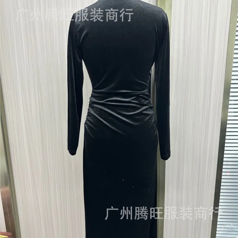 2025 Vrouwen Zwarte Jurk Lange Mouw Jurk Half Hoge Kraag Sexy Hoge Strakke Fluwelen Schede Jurk Avondfeest Elegante Vestido Gewaad