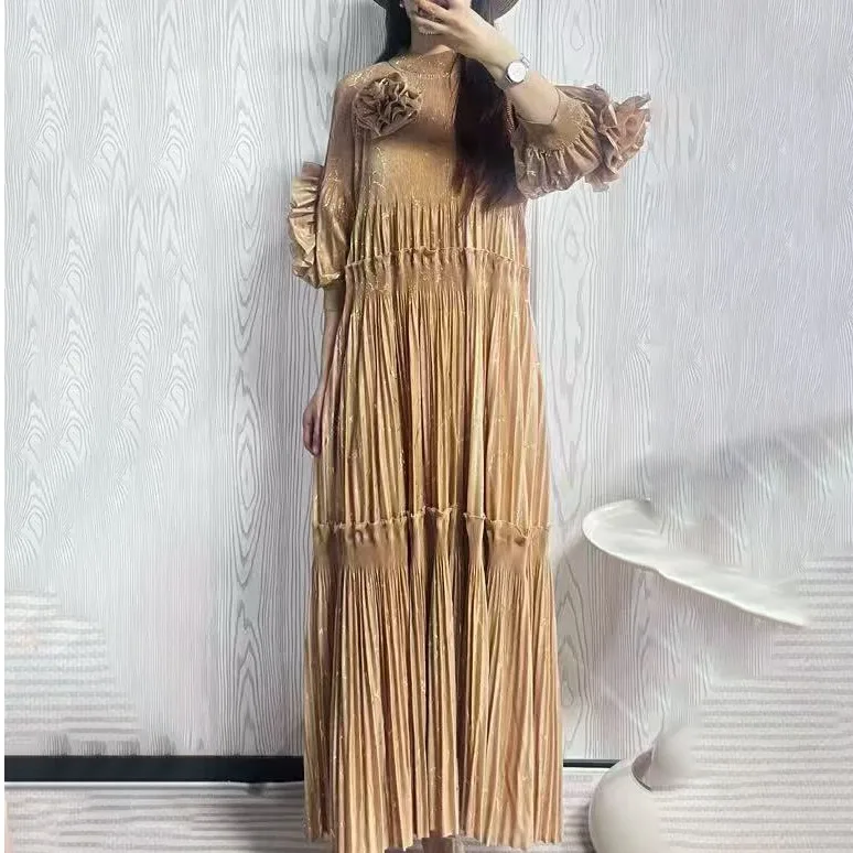 Gonna Lunga Floreale da Donna per Autunno e Inverno, Vestibilità Ampia e Snellente, Stile Mamma, Blu, Vita Alta, in Fibra di Poliestere