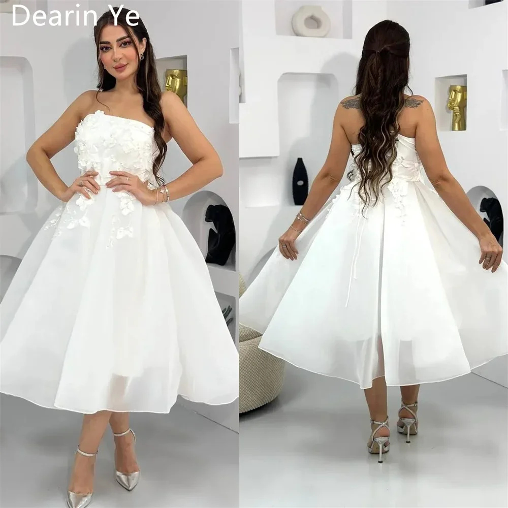 

Saudi Arabia Formal Dress Dearin Strapless Ball Gown Tea Length Skirts Open Back Draped Tulle Sleeveless Applique Bespoke Occasi