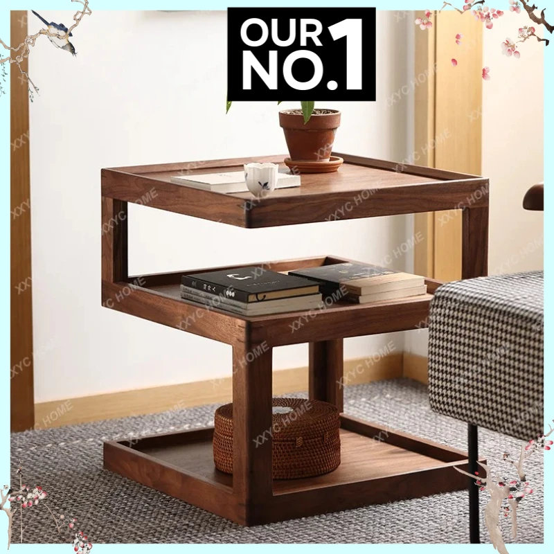 X-S log bedroom bedside table black walnut solid wood sofa corner edge  HG