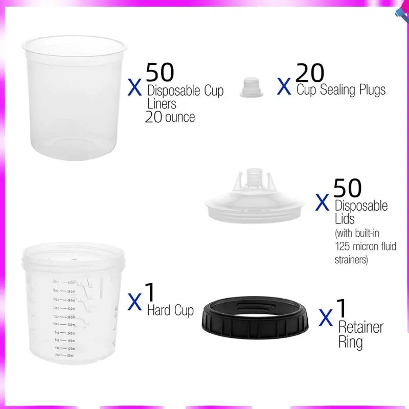 

N96R Master Paint System MPS Одноразовые вкладыши для чашек и система крышек для пистолета-распылителя, 50 шт. Мини-размер 20 унций (600 мл) Комплект