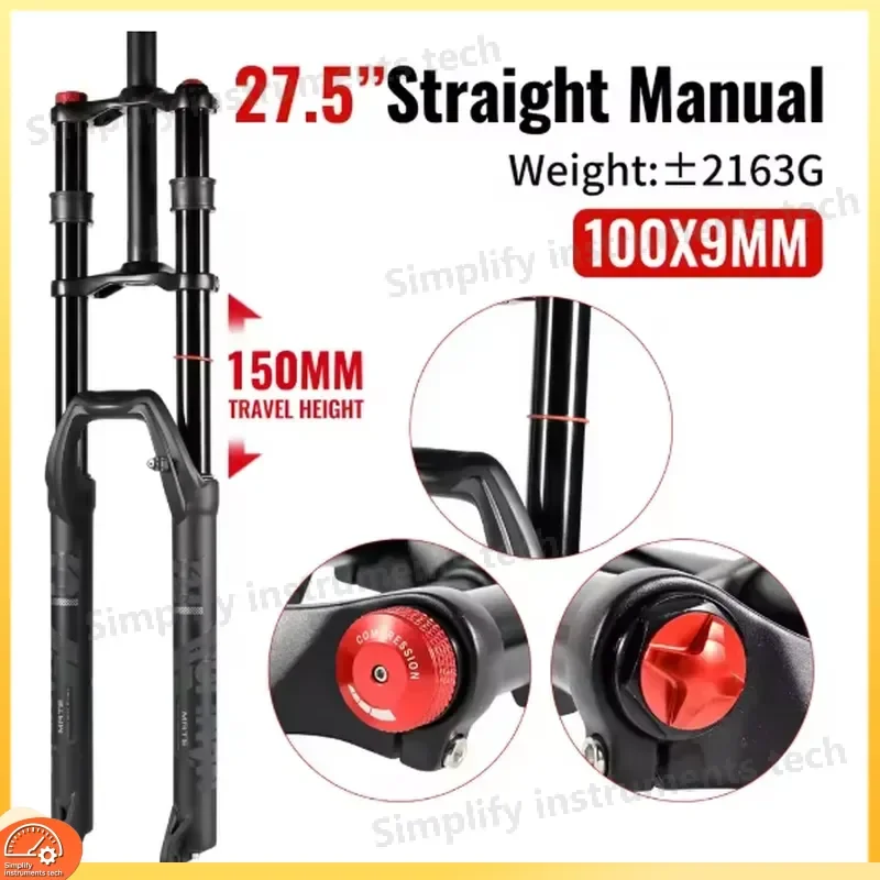 150mm Travel Air Suspension MTB Fork 27.5 29 Inch Double Crown Snow Bike Front Fork 15x100 9x100mm Thru Axle