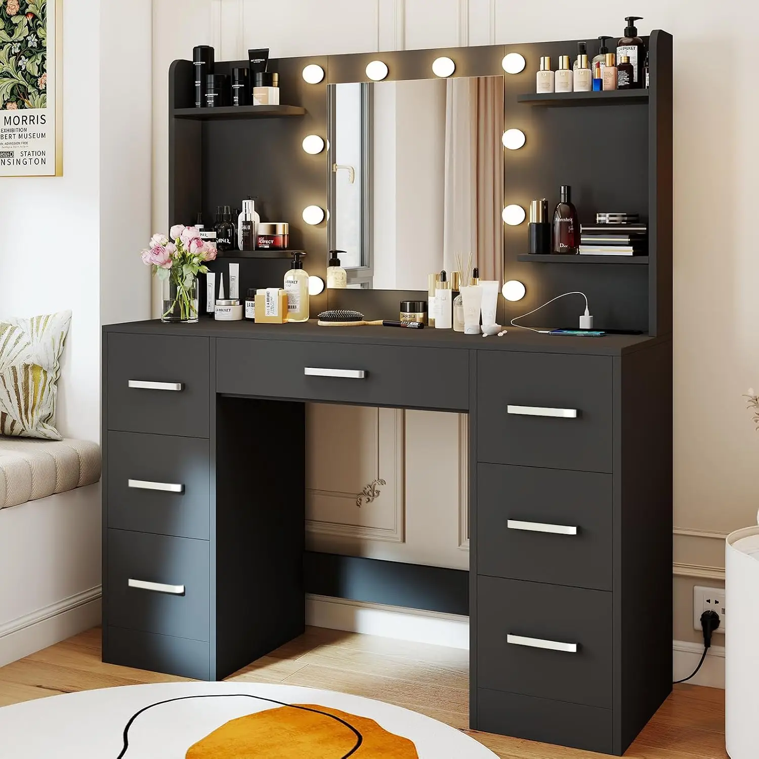 Makeup Vanity Desk, Black Vanity Mirror with LED Lights Power Outlet, Large Desk Vanity Table with 7 Drawers, Wood, Customized