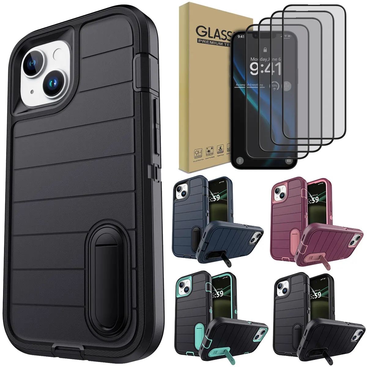 

Для iPhone 14/Pro/Pro Max/Plus чехол с подставкой и 4 шт., защитные пленки из закаленного стекла с полным покрытием, удобный прозрачный чехол