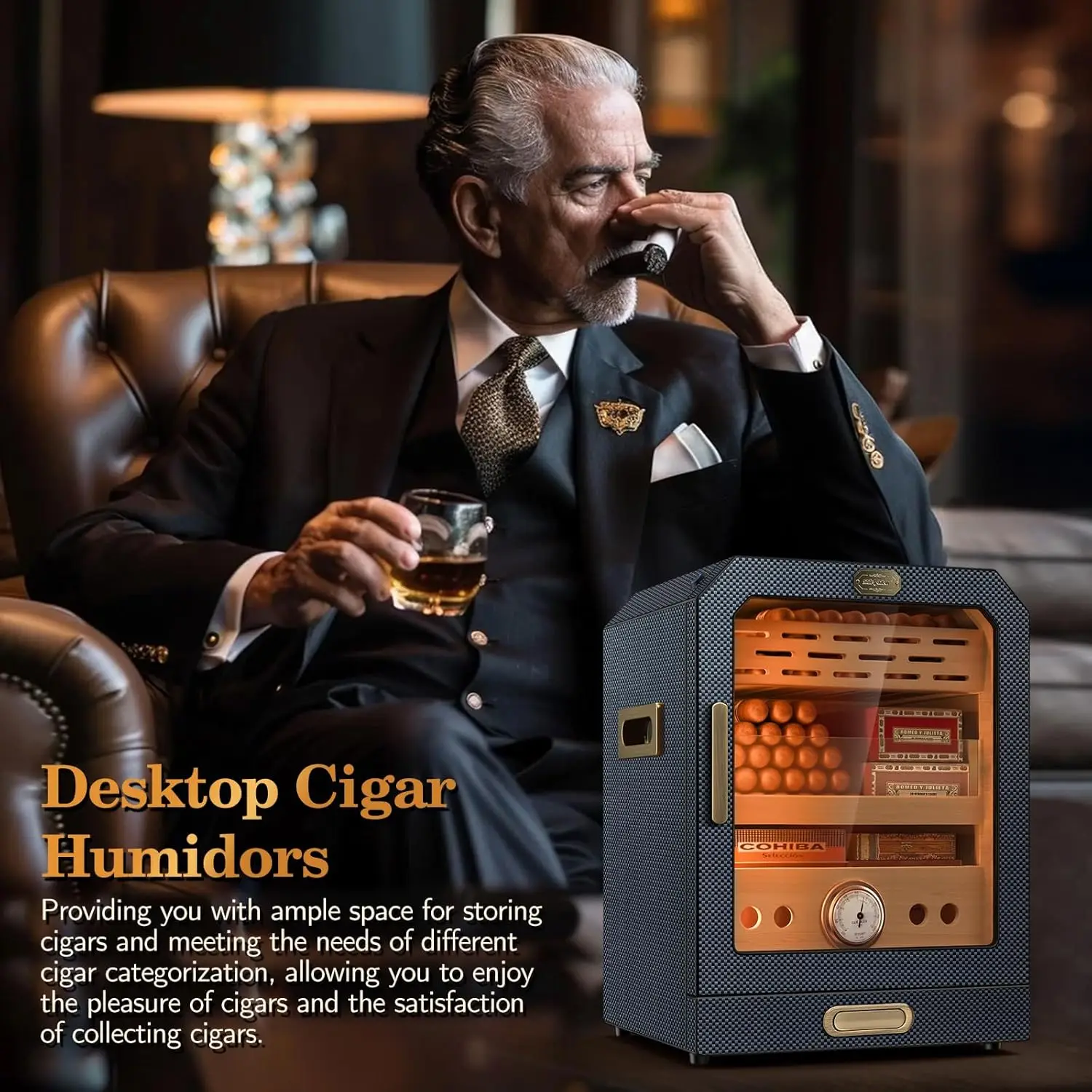 Cigar Humidor, with Cigar Accessory Drawer and 2 Humidifiers, Lighted Control Magnetic Door Desktop Cigar Humidor Cabinet image 6
