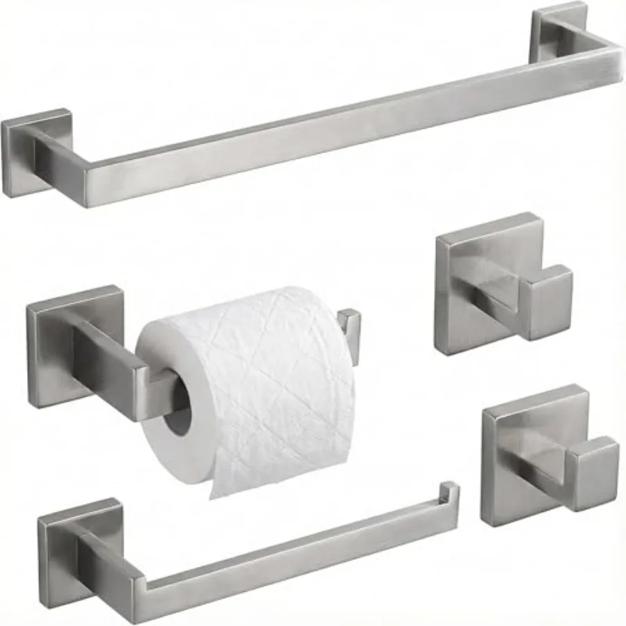 

5 Pcs Bathroom Hardware Set SUS304 Stainless Steel Towel Bar Set Modern Square Accessories with 16 Inch Rack Toilet Paper Holde
