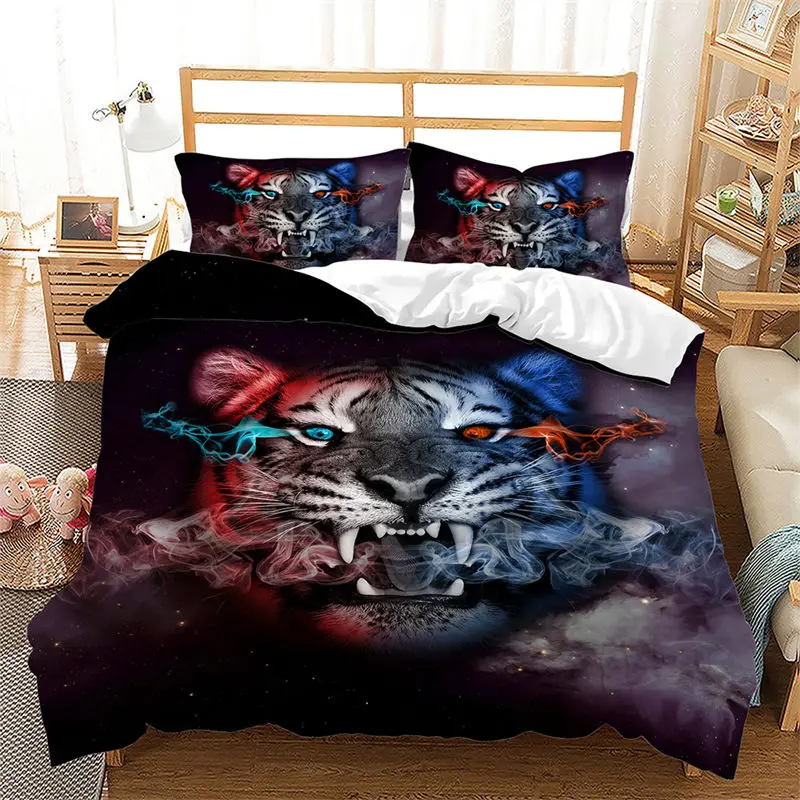 Tiger Duvet Cover Queen Ferocious Animal Theme Bedding Set Polyester Lion Wolf Leopard Quilt Cover For Kid Teen Adult Room Decor