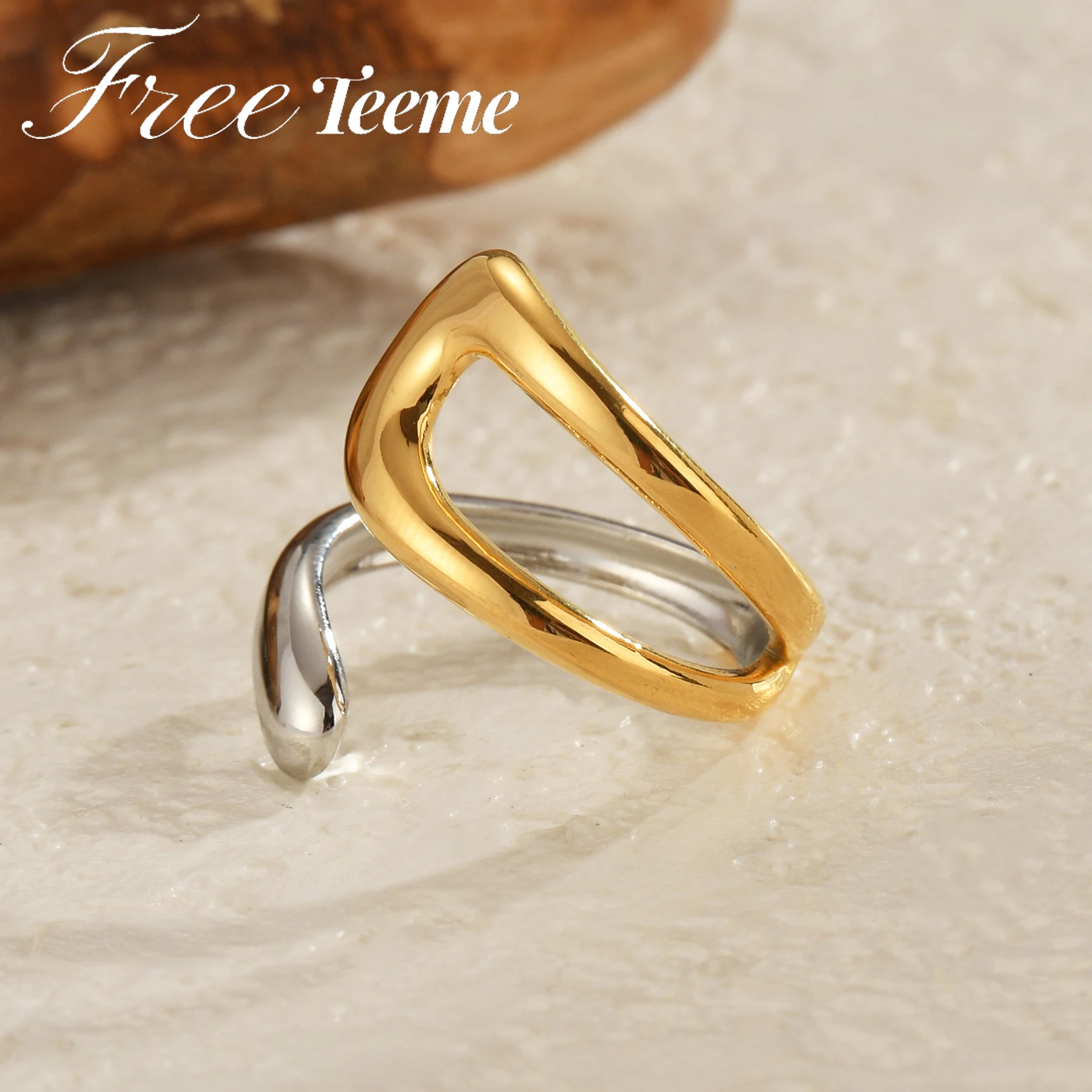 Freeteeme 2024 New Colorblock Asymmetric Ring for Women Stainless Steel Open Size Ring Silver and Gold Color Jewelry Couple Gift