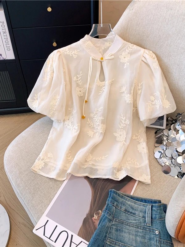

New Chinese Sle ort Sve irt Women's Summer Faion Big Size Flattering ort Length Embroidery Top Button up Stand C...