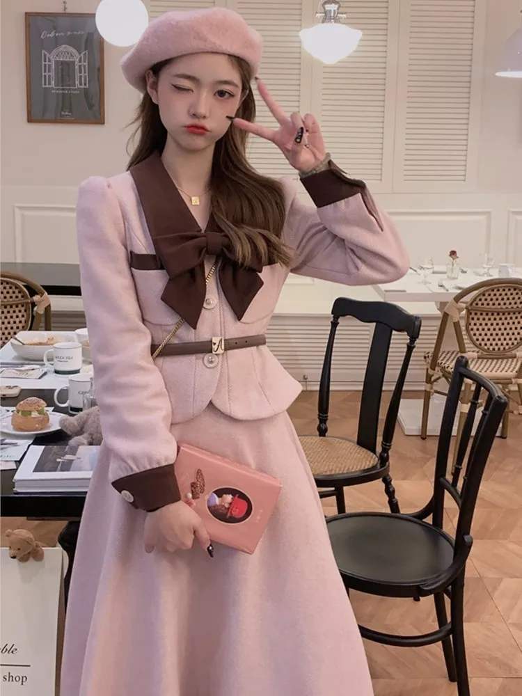 Autumn French Style Multicolor Women Suits 2023 Eleagnt Bow Short Coat High Waist A-line Mid Skirt Fashion Vintage 2 Pieces Set