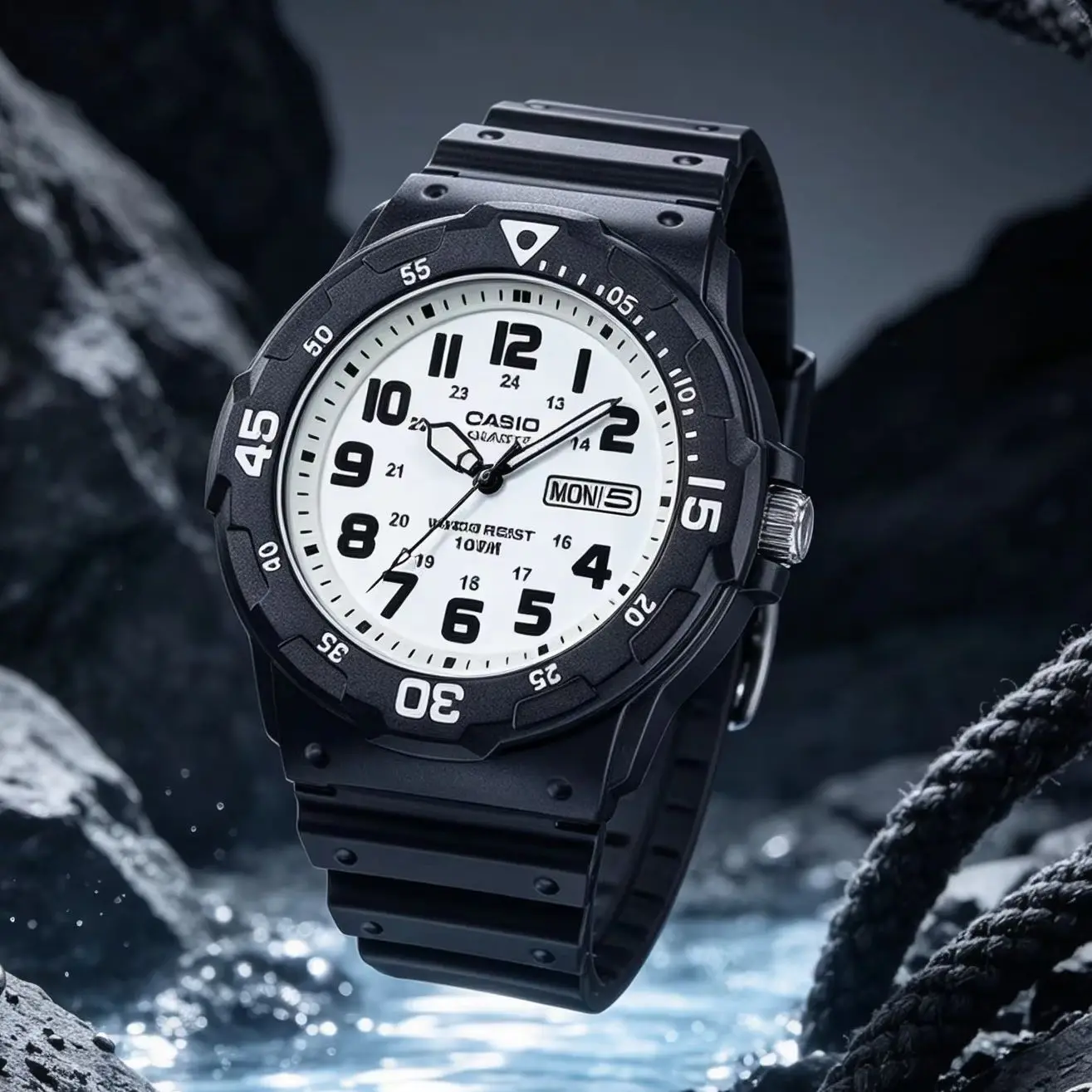 Casio MRW‑200H | Analog Men Quartz Watch | Resin Band | 100M Water Resistant | Day Date Display | Rotary Bezel