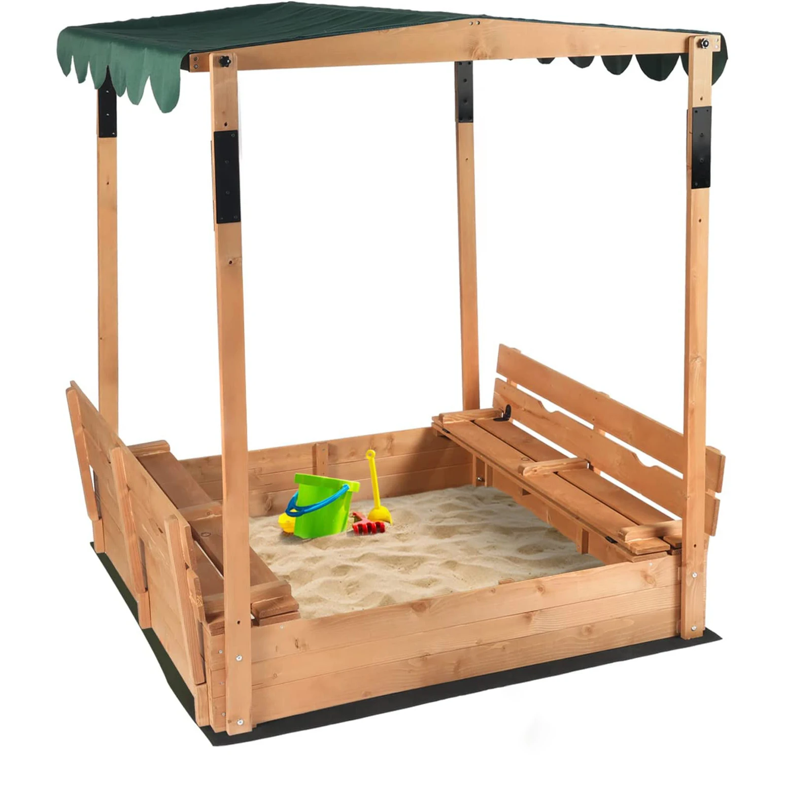 Wooden Foldable Kids Sandbox With Adjustable Canopy Outdoor Backyard Sand Pit With 2 Benches