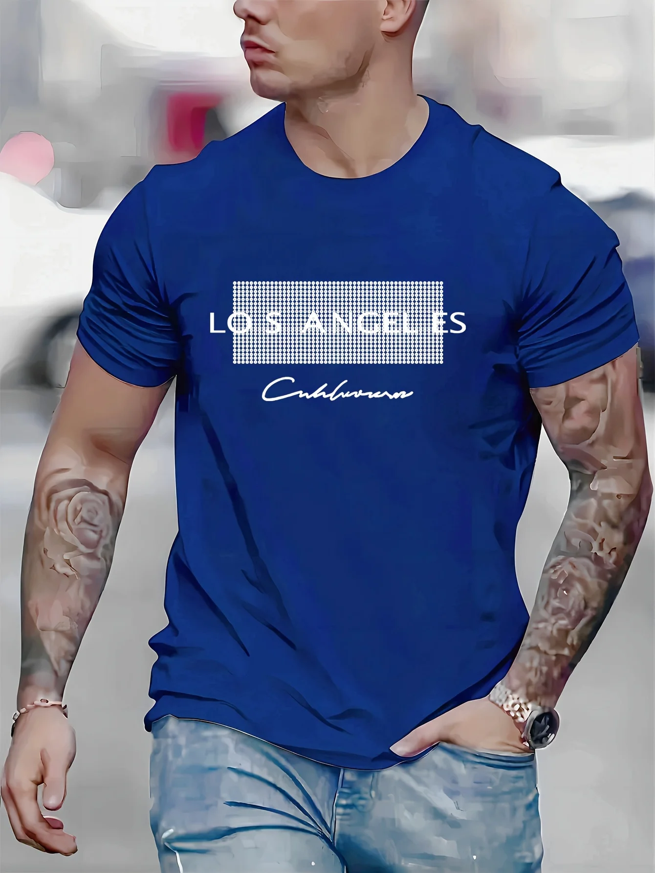 

2025 new model Men's summer 100 cotton fashionable casual sports loose Los Angeles letter printed round neck short sleeved T-shi
