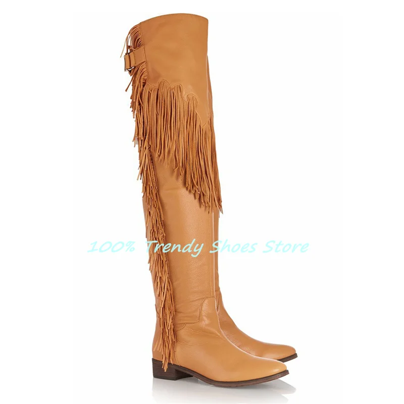 

Fashion Tassel Decor Belt Buckle Wome Over-The Knee Boots Round Toe Low Heel Winter Long Boots Ladies Western Cowboys Boots