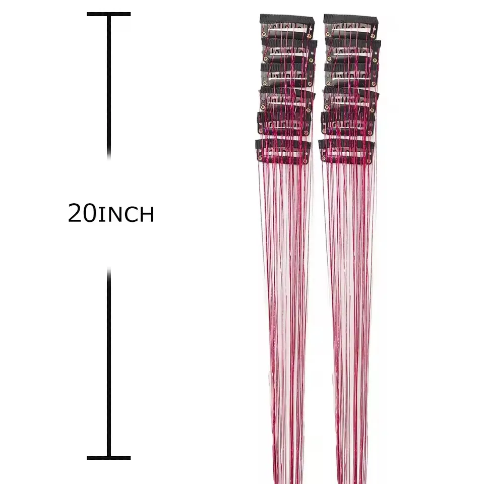 Kit de 12 piezas de tinsel sintético de 20 pulgadas con clip, brillantina, resistente al calor, cabello de hada 2