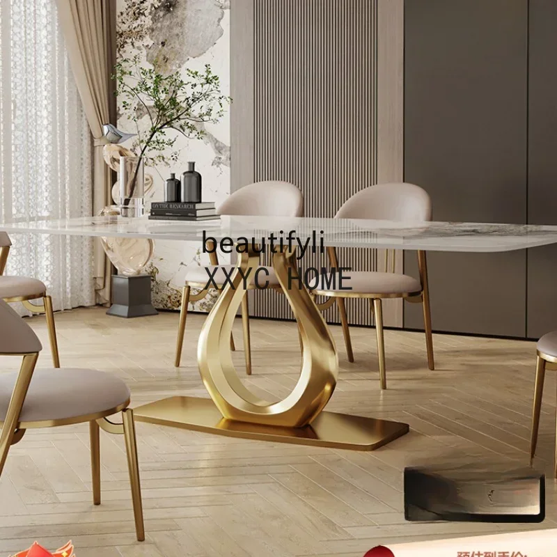 

Stone Plate Dining Table Light Luxury Modern Simple Rectangular Dining Table Household Designer Model Dining Table and Chair