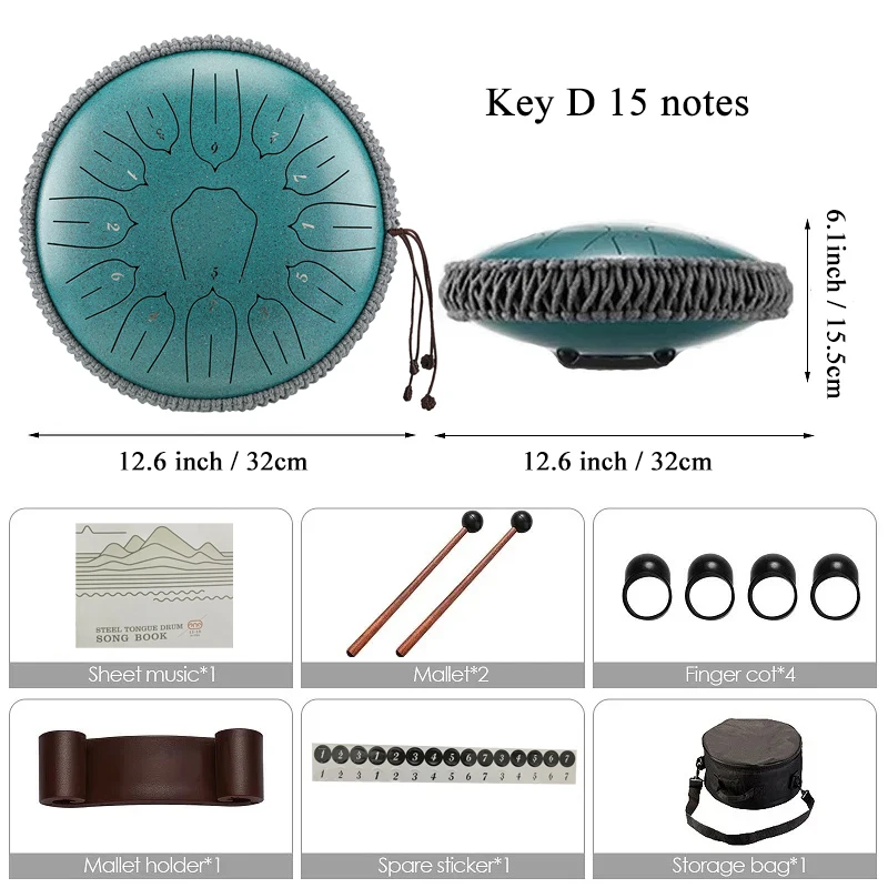 Hluru Glucophone, Steel Tongue Drum 13 Inch 15 Notes, Ethereal Drum Key D, Percussion Musical Instrument