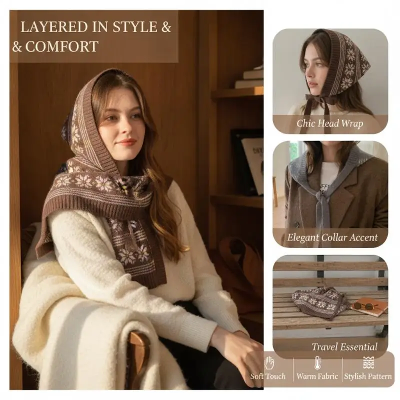 Elegant Bohemian Turban Knitted Triangle Headscarf Warm Printed Ethnic Style Waist Band Shawl Vintage Apron Wrap Streetwear