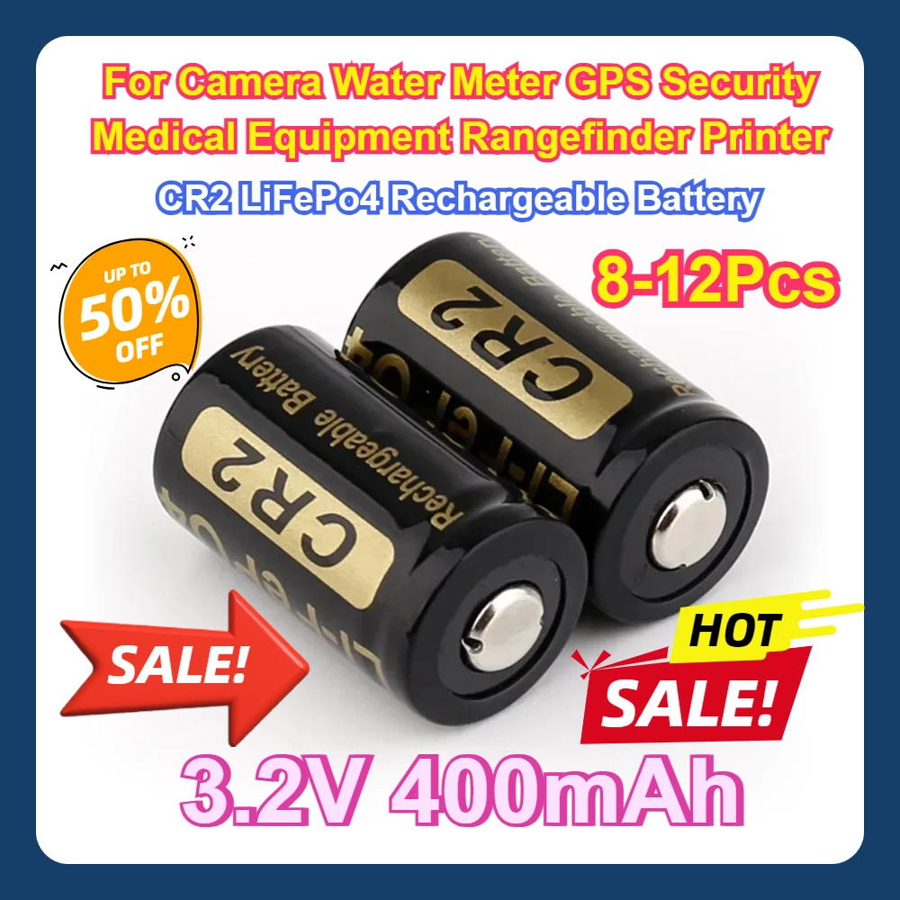 

For Camera Water Meter GPS Security Medical Equipment Rangefinder Printer 8-12Pcs 3.2V 400mAh CR2 LiFePo4 Rechargeable Battery