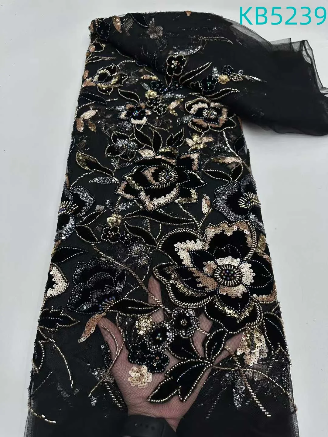 Luxury Hand Beaded Lace Fabric Tulle Lace French Mesh Nigerian Sequins Beaded Embroidery 5 Yards For Bridal Wedding KB5239