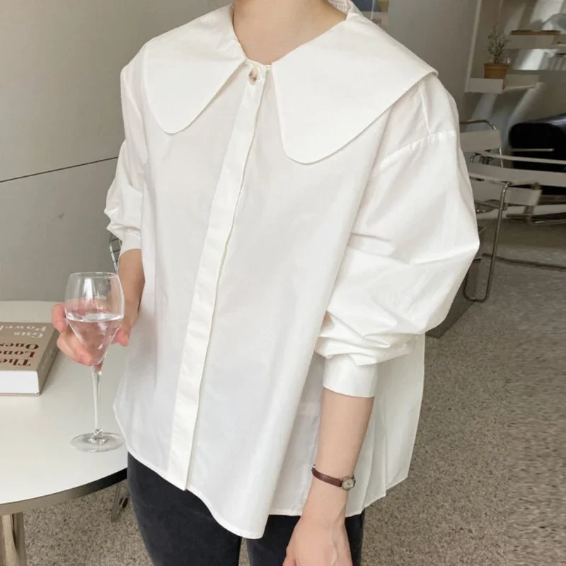 Sweet Peter Pan Collar Back Pleated Shirt Women Spring Autumn 2024 New Loose Casual Blouse Korean Chic Elegant Vintage Blusas