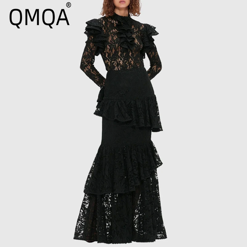 

QMQA Fashion Women's Solid Spliced Lace Up Two Piece Set Stand Neck Long Sleeve Top High Waist Skirt Slimming Sets Female 1A918