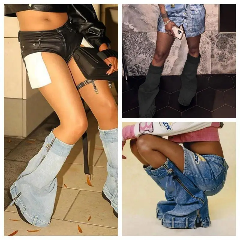 Padlock Fold Over Platform Women Knee High Boots Metal Zipper Denim Fashion 2023 Brand New High Heel Designer Street Cool Shoes