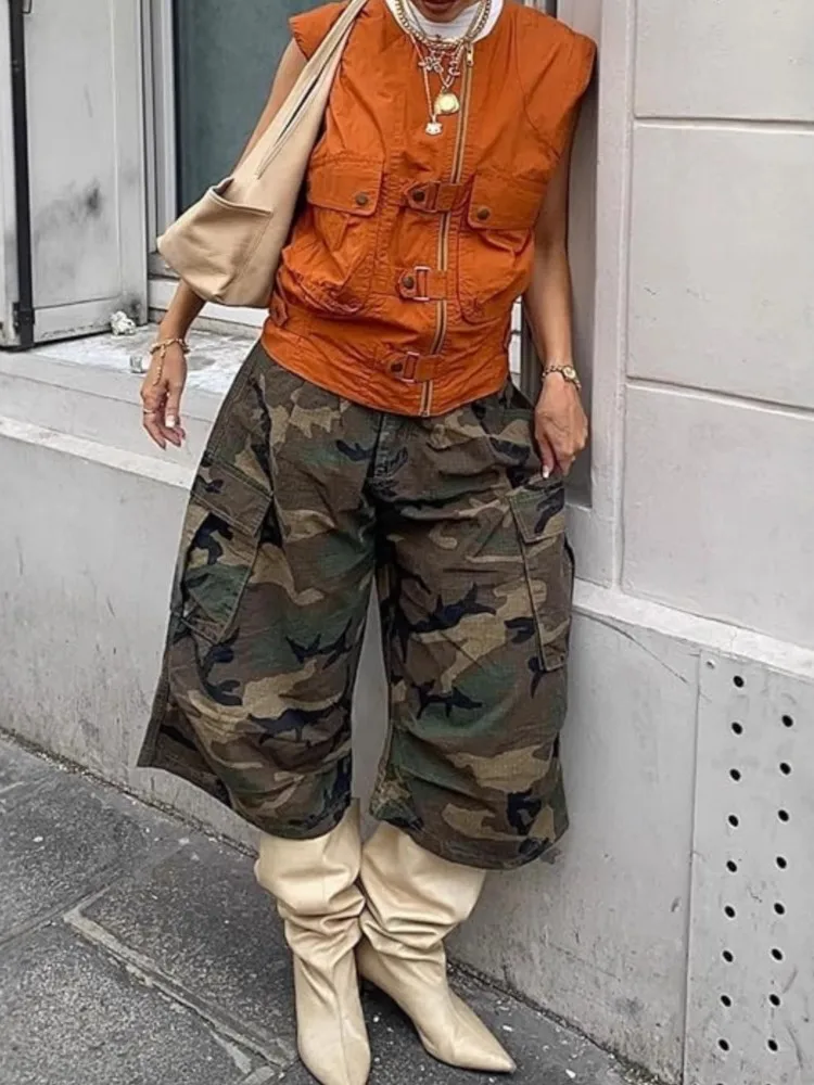 Women's Personality Street Hipster Fashion Casual Pants Summer Camouflage Workwear Style Pocket Loose Wide-leg Three-piece Pants