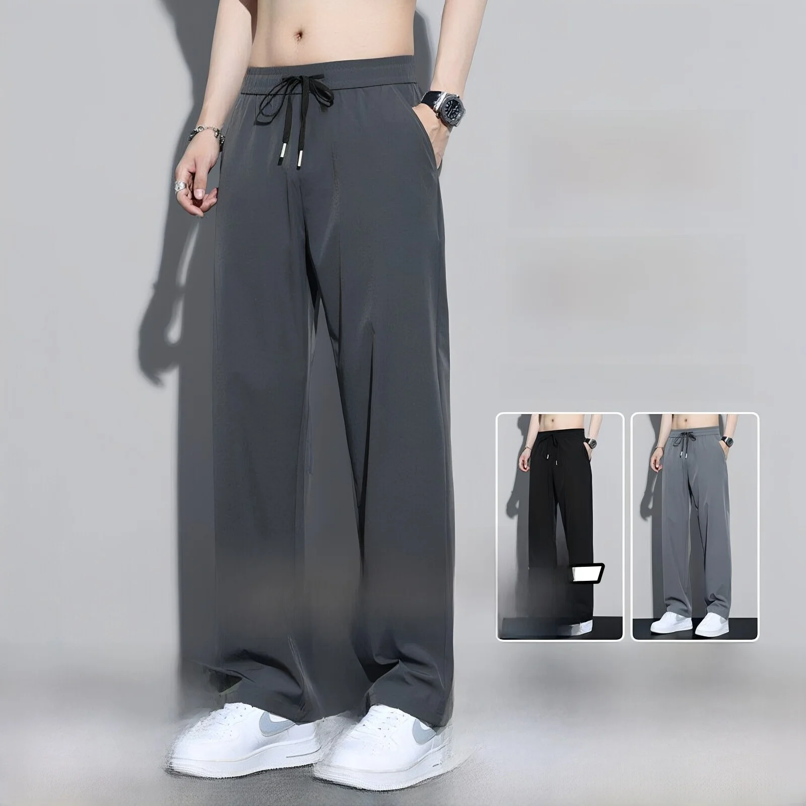 

Summer Thin Ice Silk Casual Pants Men's Slim Straight Drape Quick Dry Breathable Elastic Dirt Resistant Wear Resistant Work T...