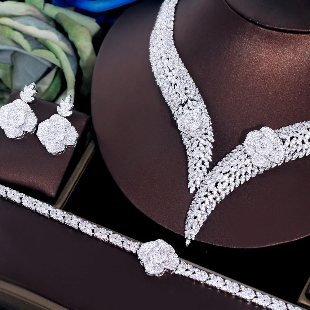 ThreeGraces 4pcs Shiny Cubic Zirconia Dubai Nigerian Luxury Flower Wedding Bridal Jewelry Set for Women Party Accessories TZ973